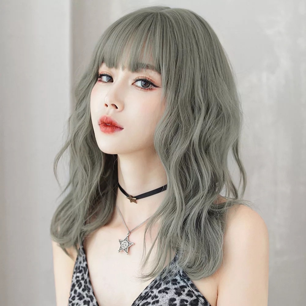 Chic Medium-Length Curly Wavy Wig with Bangs Heat-Resistant Synthetic Green Gray
